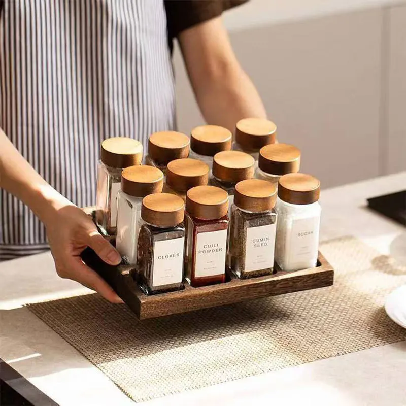 Glass Bamboo Wooden Lid Shaker Lids and White Labels Sticker 120ml 4oz Square 24 Pcs Glass Spice Jars Bottles Set