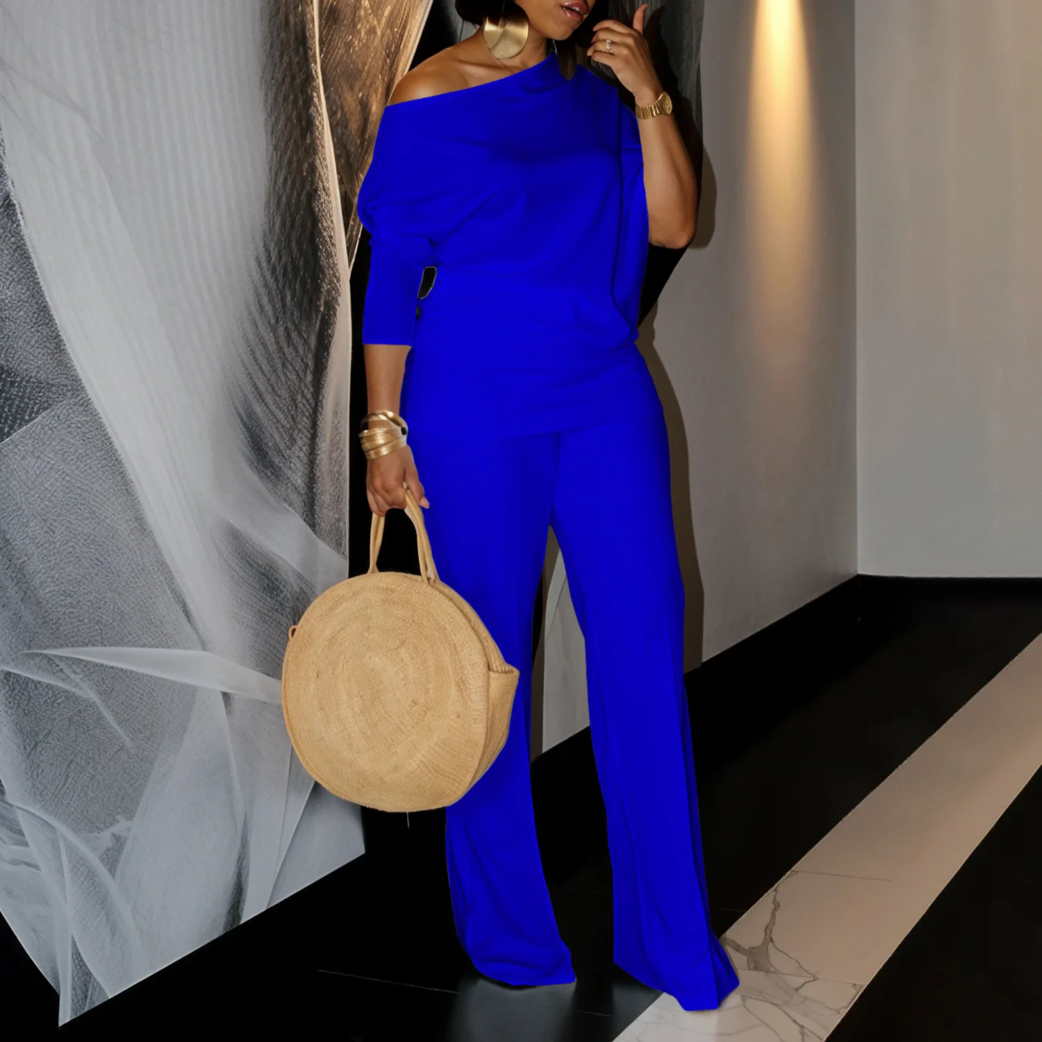 D3298 Latest Design Autumn Jumpsuit Women Elegant Solid Color Slash Neck Wide Leg Jumpsuit For Ladies