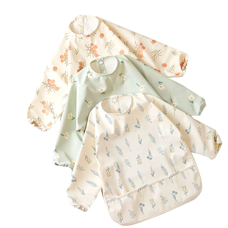 New Product long sleeve bib baby feeding PU material quick clean baby rice pocket anti-dirty baby bib wholesale