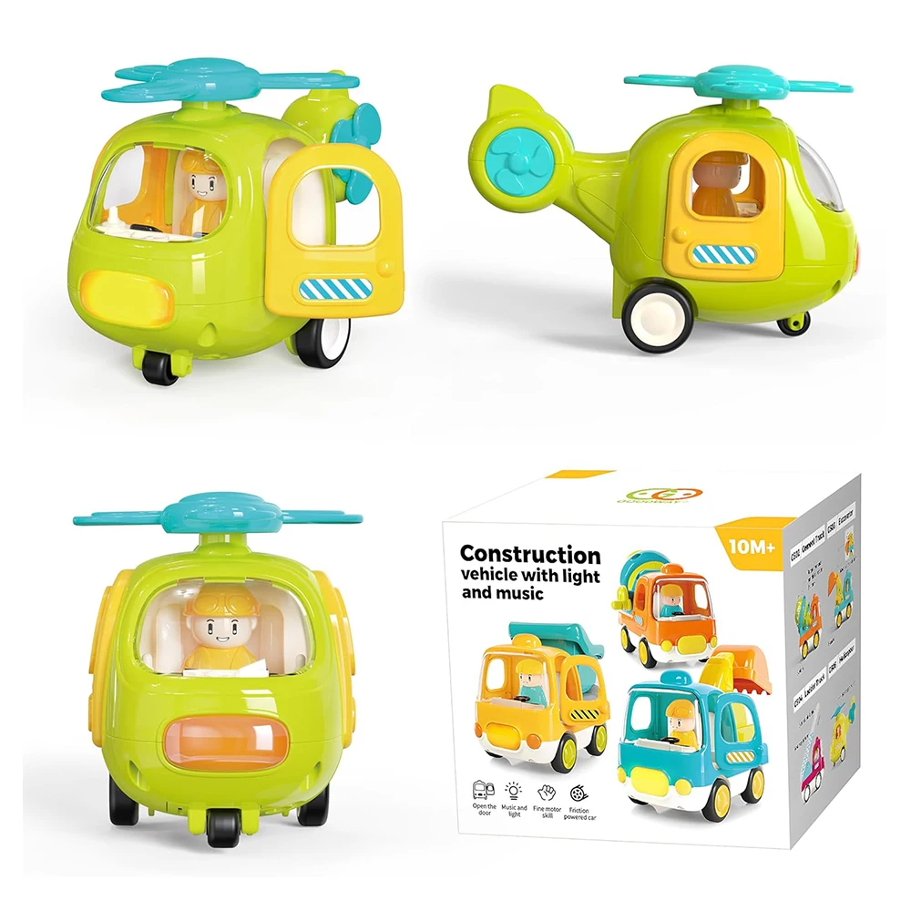 CPS Light-Up Construction Vehicles Toys Helicopter Shape Pull Back Car Toys for toddler with Music Sound