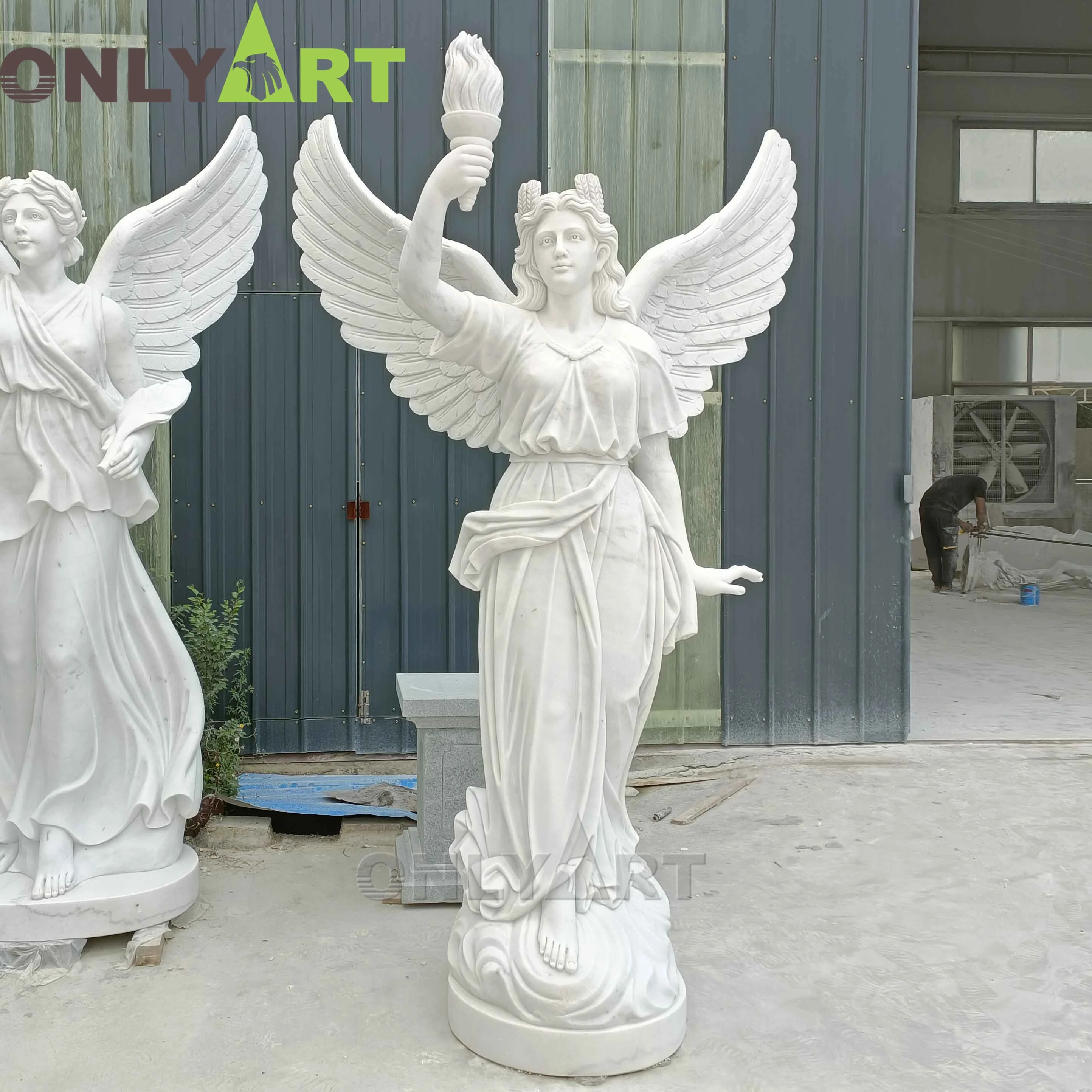 Outdoor Garden Hand Carved Natural Life Size Stone White Marble Male Angel Sculpture With Wings