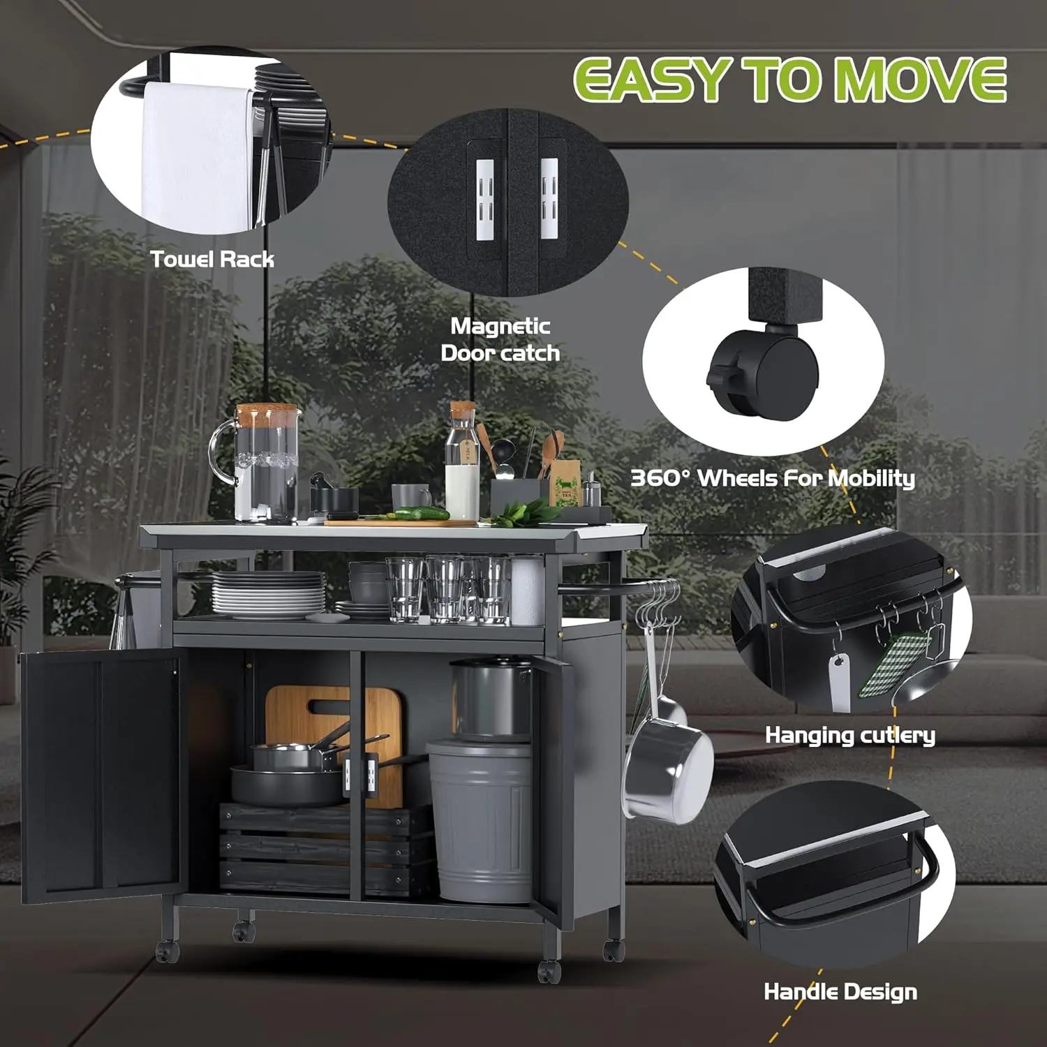 Movable Portable Outdoor Grill Prep Table Grill Cabinet Kitchen Rolling Cart with Storage Kitchen Island Cart on Wheels