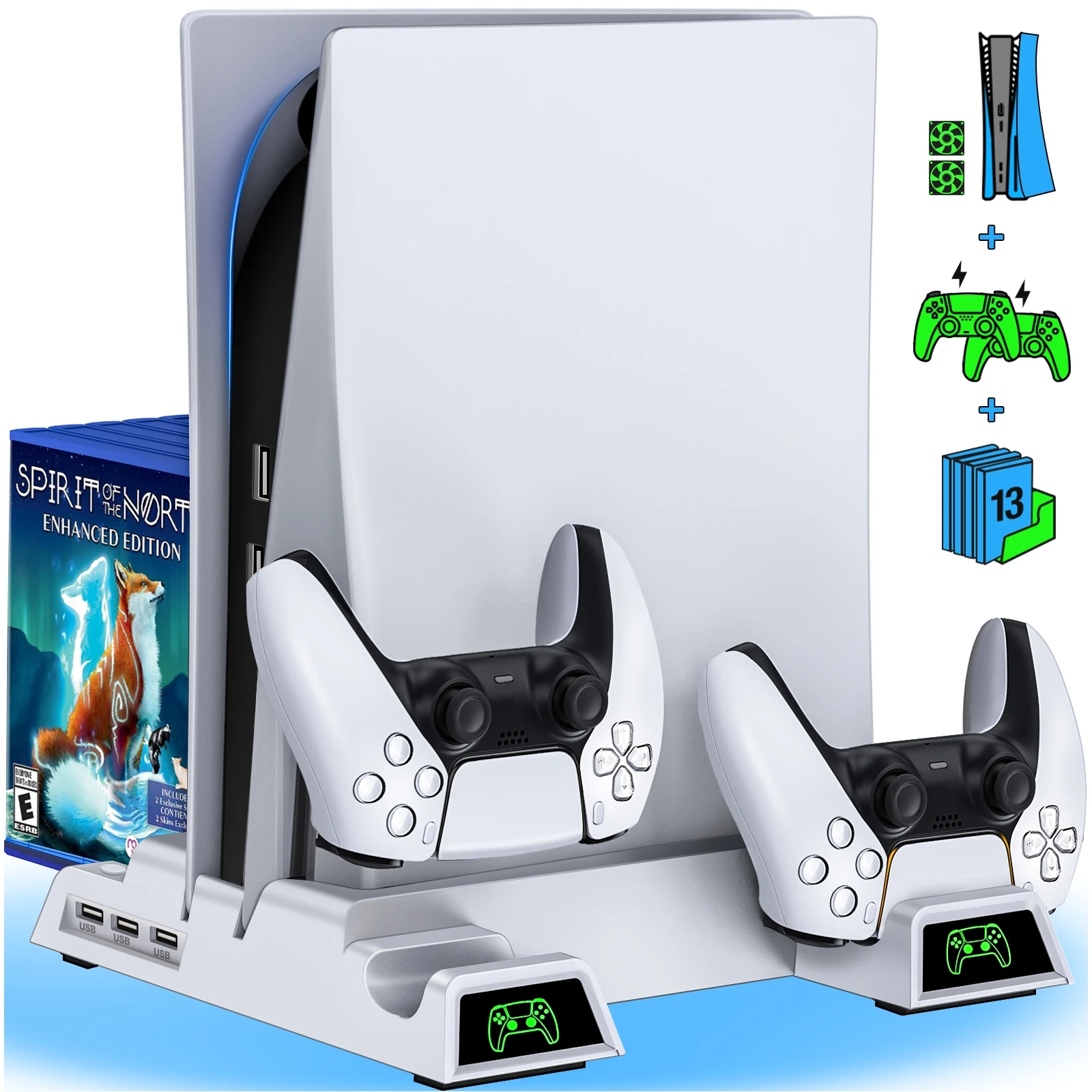 2 in 1 cooler Suitable for Sony Playstation 5 game console with LED cooling fan vertical stand for PS5 dual charger