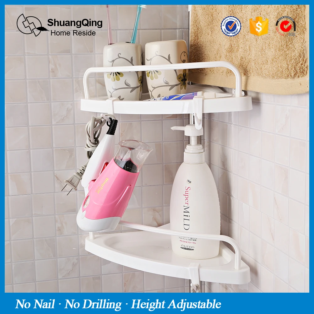 4 Tier wall mounted Telescopic Bathroom Corner Shower Caddy PP plate in white color bathroom shelves   with  a hanging rod