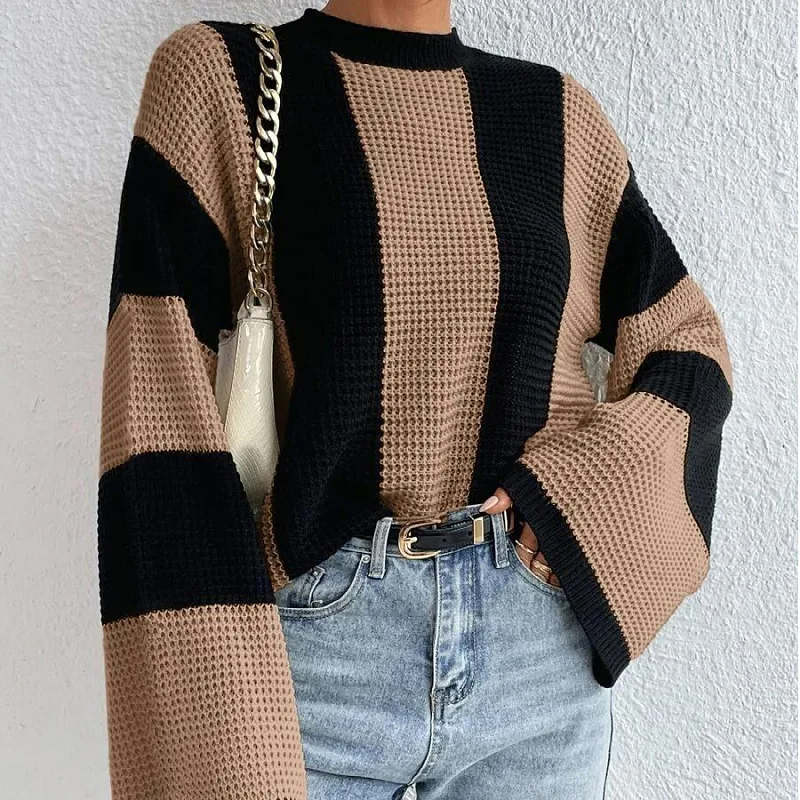 Stylish 2024 Spring and Autumn Women s Knitted Sweater Coat Round Neck Loose Casual Striped Top