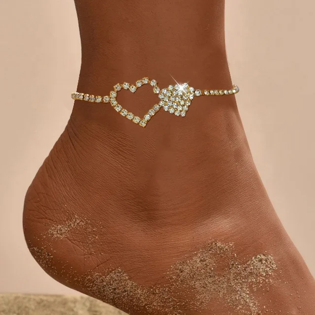 Ladies Fashion Hollow love Jewelry Summer Beach Personality Flash Heart-shaped Rhinestone Anklet