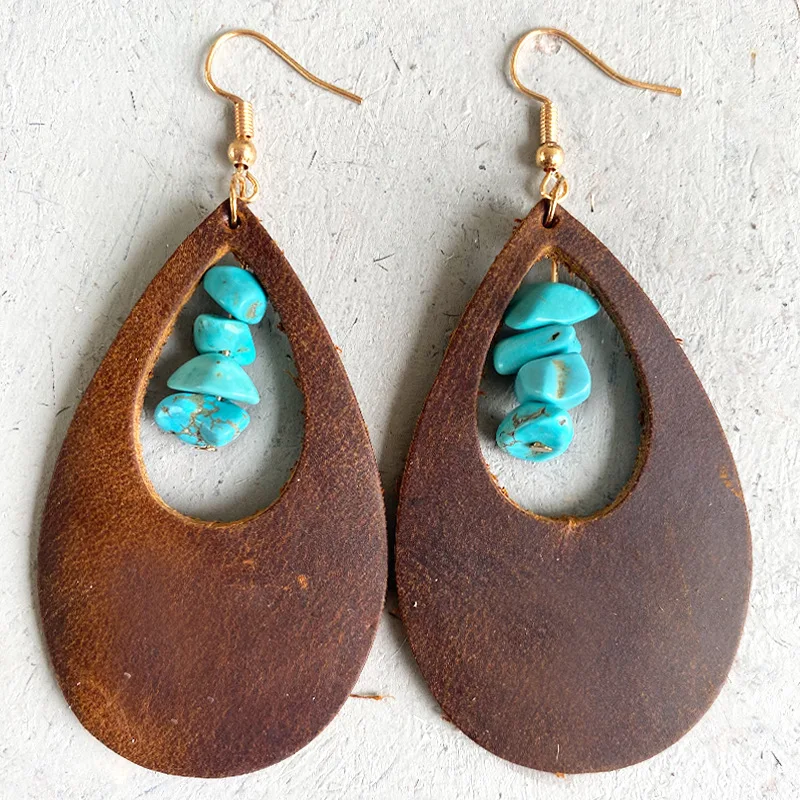 Bohemian Lightweight Leather Dangle Earrings for Women Dark brown Teardrop Earrings