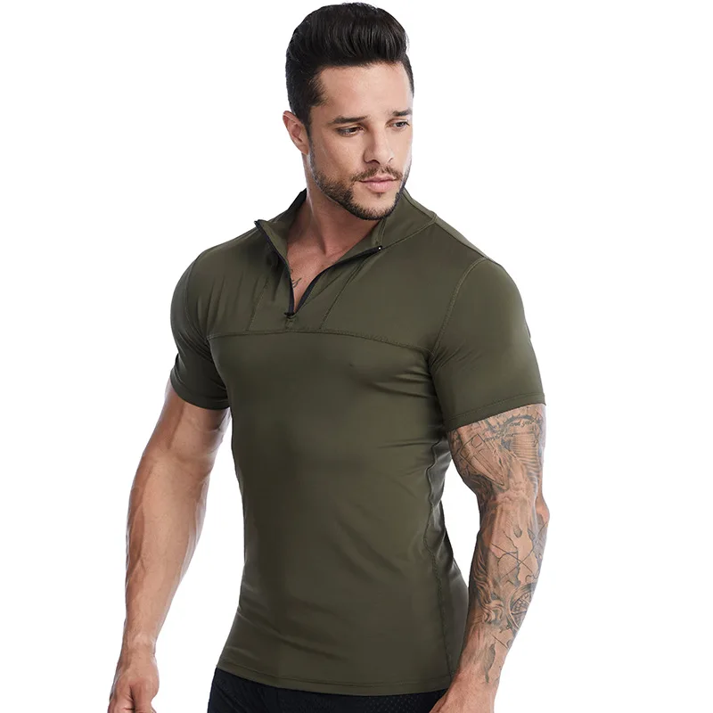 Sidiou Group Plain Quick-Drying Stretch Men Fitness Clothes Breathable 1/4 Zip Running Top Muscle Gym Tight Training T-shirts