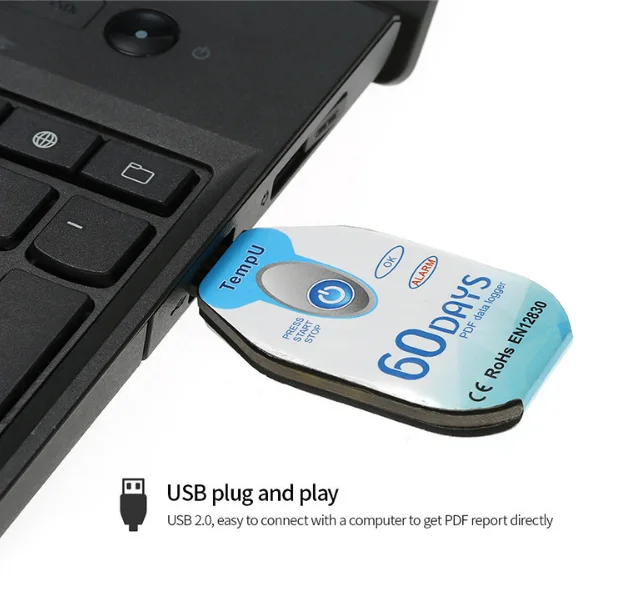 30 days 60 Days 90 days Temp Data Recorder Waterproof USB 2.0 PDF Disposable Temperature Data Logger