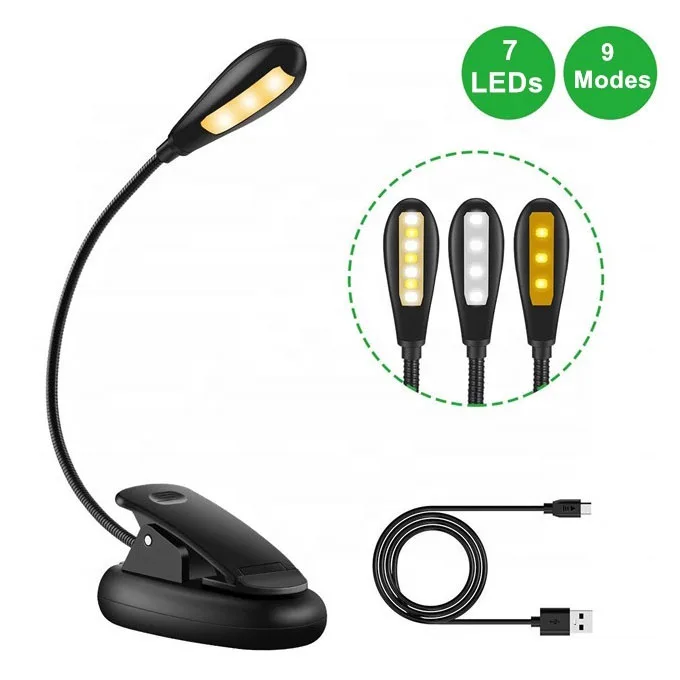 
Portable Flexible Eye Care Clip book Reading Light with white and Warm lighting Rechargeable 7 LED Book Light 