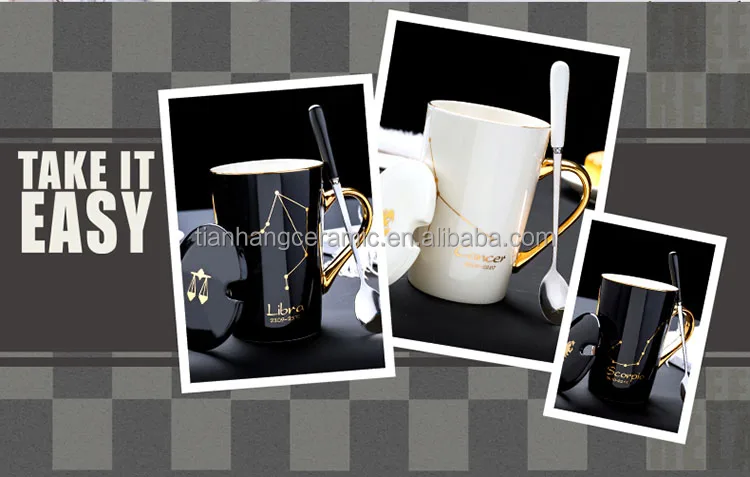 Cheap Price  White Black 12 Constellations Gold Pattern Ceramic Coffee Mug With Lid Spoon And Gold Handle For Souvenir.jpg