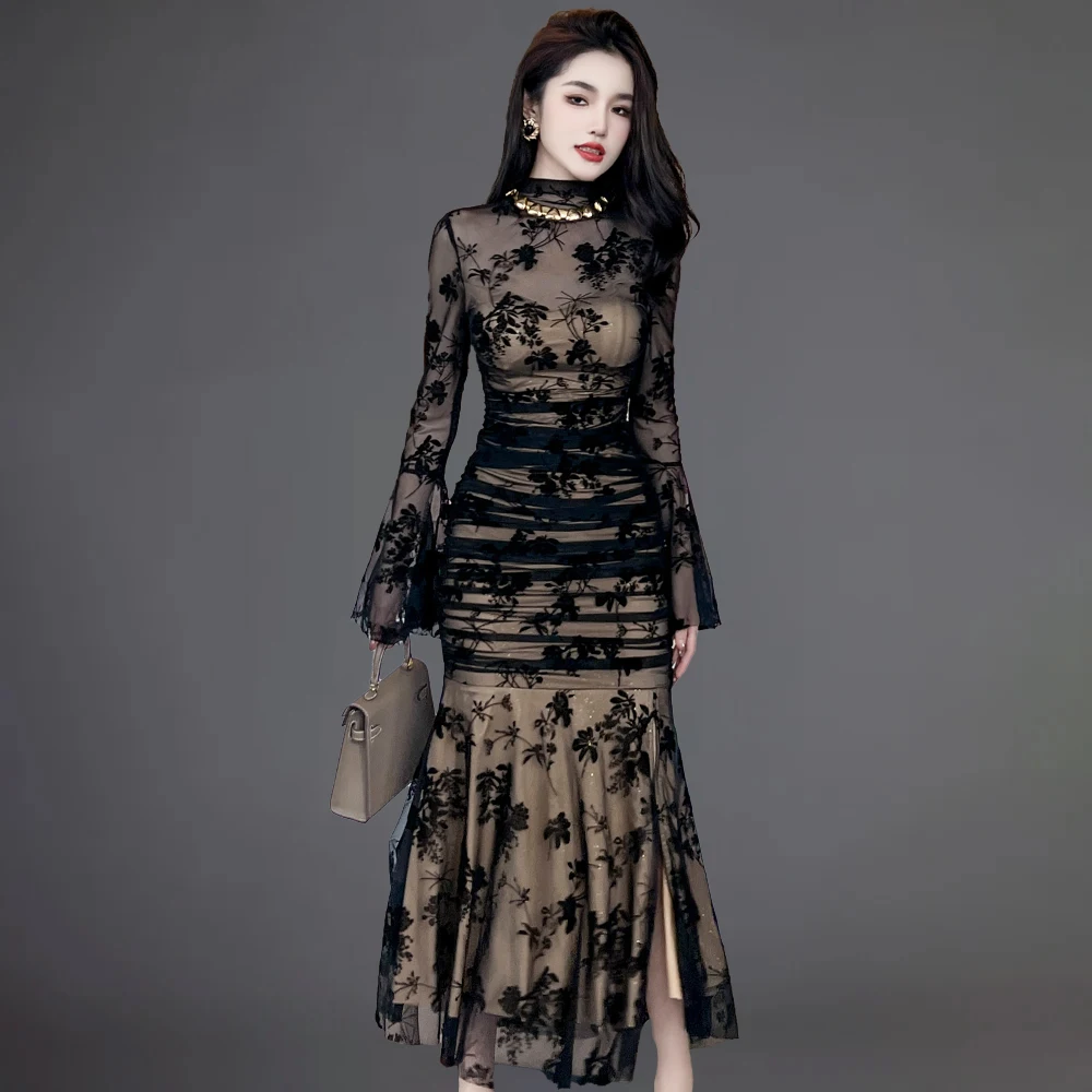 ZYHT 20743 Korean Style Floral Mesh Side Split Mermaid Dress Retro Trumpet Sleeves Ruffle Maxi Dresses