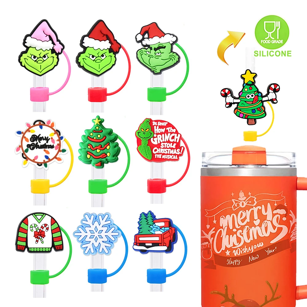 10mm 3D Christmas nightmare Theme Grinch Stane Cups Silicone straw cover Caps toppers charms for tumbers