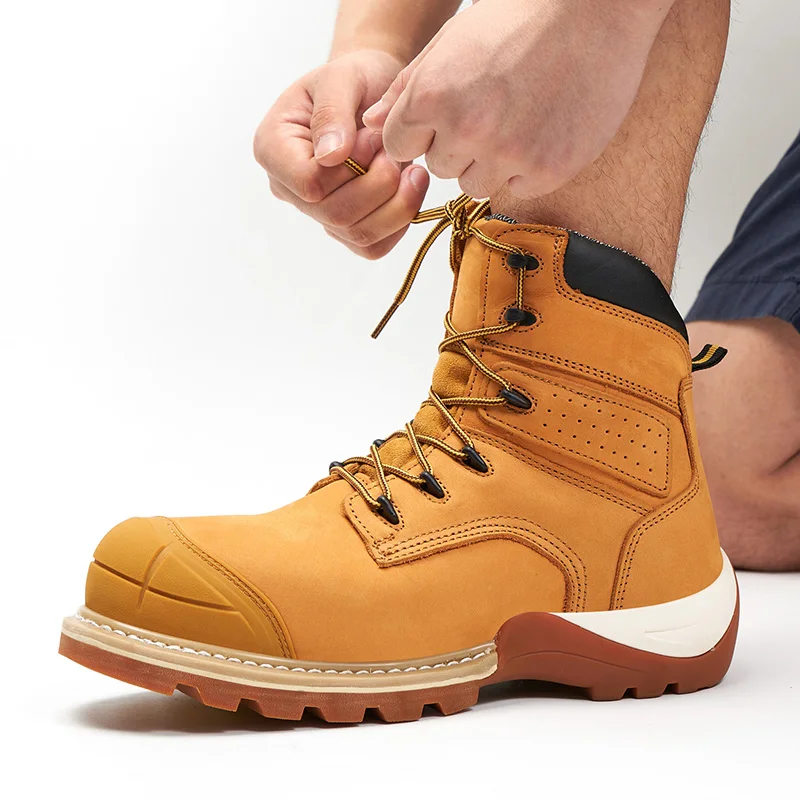 OEM Goodyear nubuck leather safety boot yellow ,  durable  industrial work boots men, heavy duty middle cut goodyear wook boots