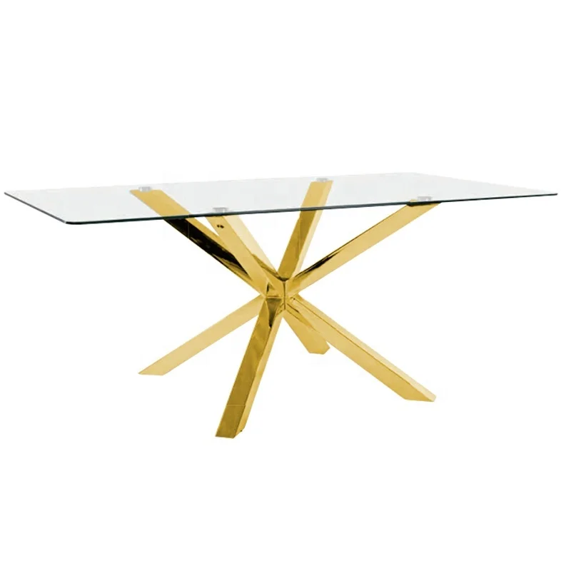 Free Sample Wholesale Design Room Furniture European Style Dining Table Chrome Leg Golden 10 person Glass Dining Table