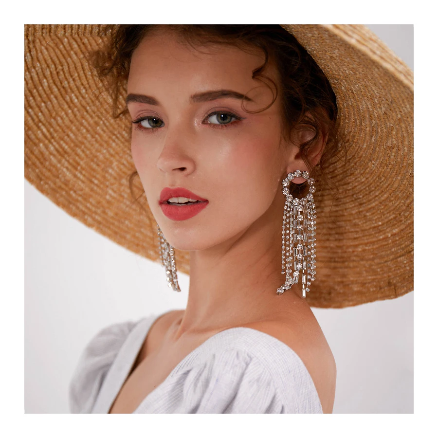 Tassel long earrings female temperament exaggerated personality earrings 925 silver needle rhinestone