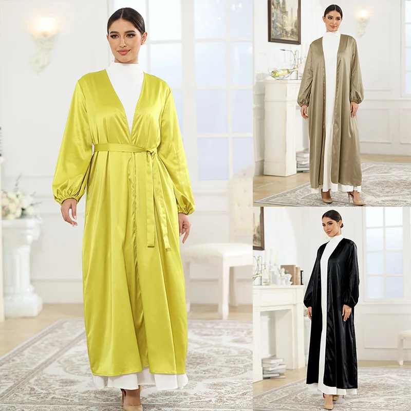 Solid Color Dress Islamic Arabic Layered Long Cardigan Fancy Dubai Open Women Muslim Dress