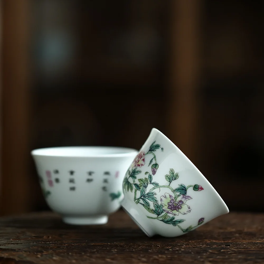 Elegant Personage Exclusive Red Oven Roasted Flower Bucket Color Craft Ceramic Chinese Rose Calligraphy Pattern Kung Fu Tea Cup