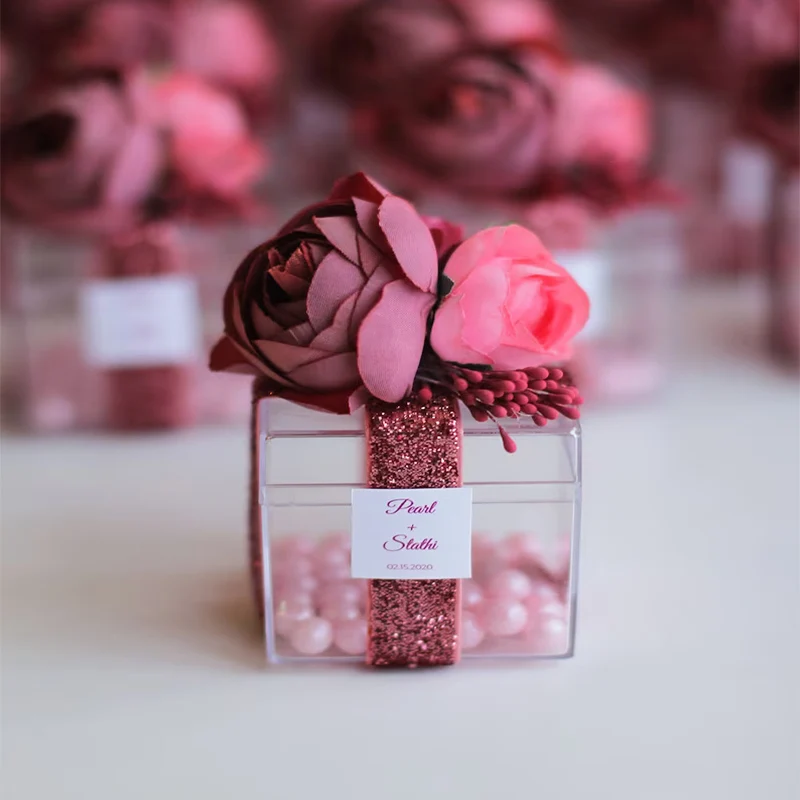 Acrylic Transparent Wedding Favor Box Artificial Flower Decor Personalize Logo Printed Candy Box Baby Shower Bridal Birthday