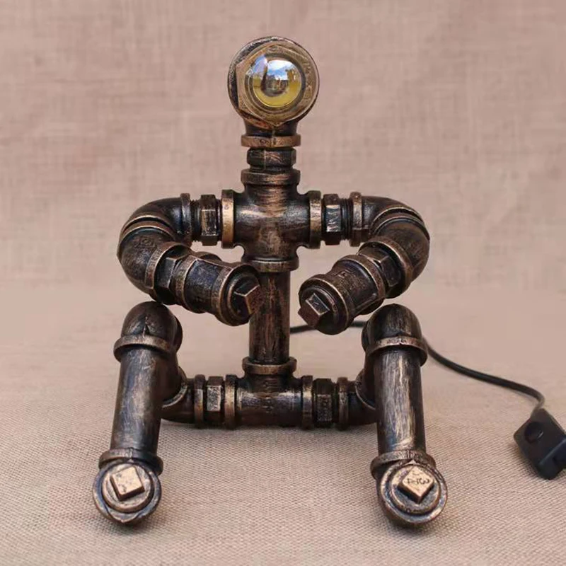 Industrial style retro nostalgic decoration living room bedroom bedside wrought iron pipe robot table lamp