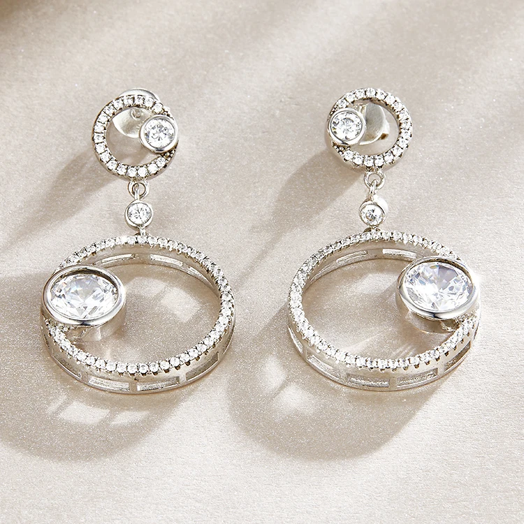 Fashion jewelry earrings 925 sterling silver paved CZ zirconia circle dangle earrings for women