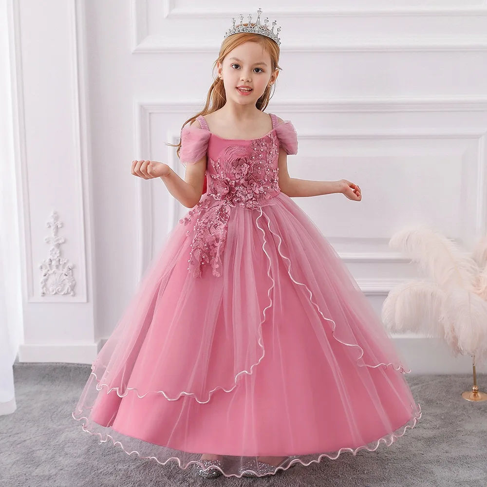 Top Sales Embroidery Puffy Sleeve Tulle Pink Baby Clothing Sets Girls Wedding Dresses Kids Princess Party Ball Gown Long Frock