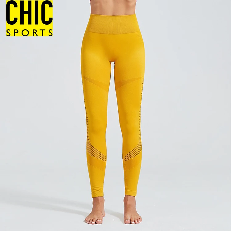 Female Wholesale High Waisted Tummy Control Yellow Workout Seamless Tights Activewear Slim Fit Quick Dry Yoga Pants Leggings