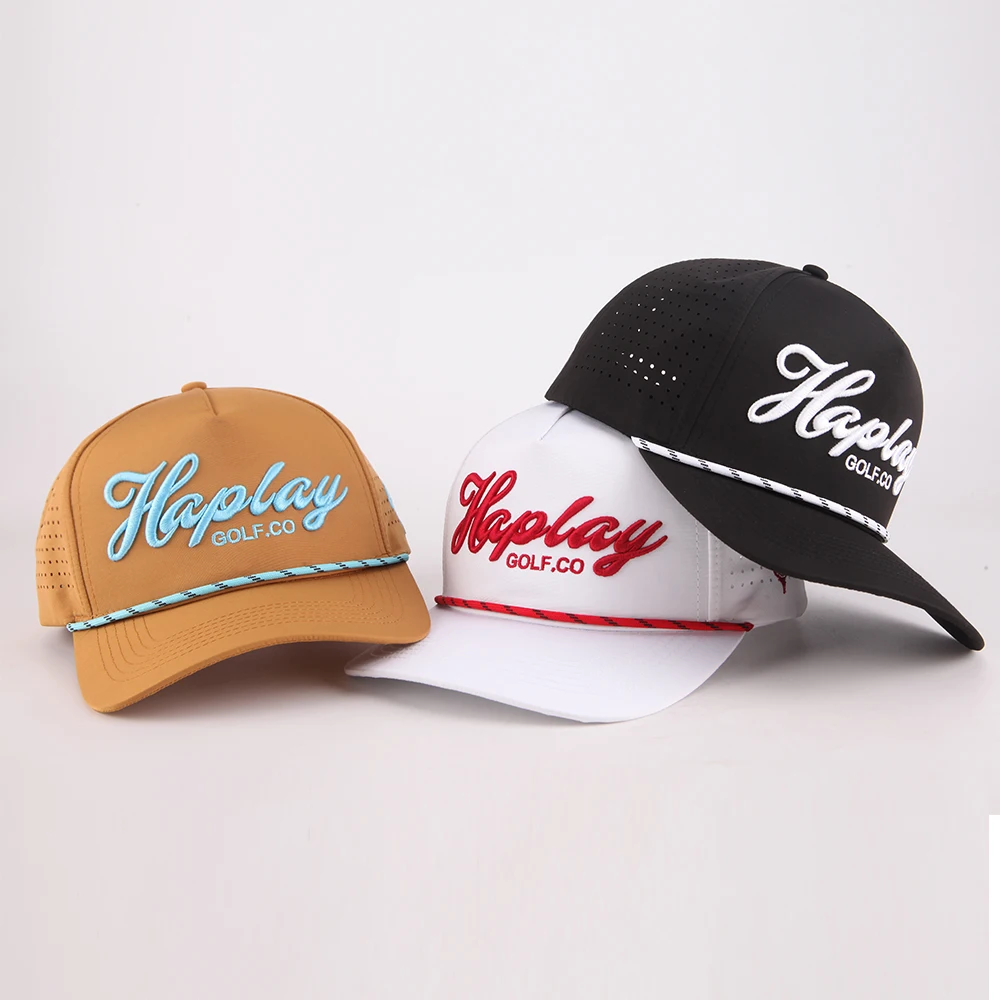 Factory Custom Fashion 3D Embroidery Laser Cut Perforated golf hat 5 Panel Curved Brim mens gorras baseball cap with Rope