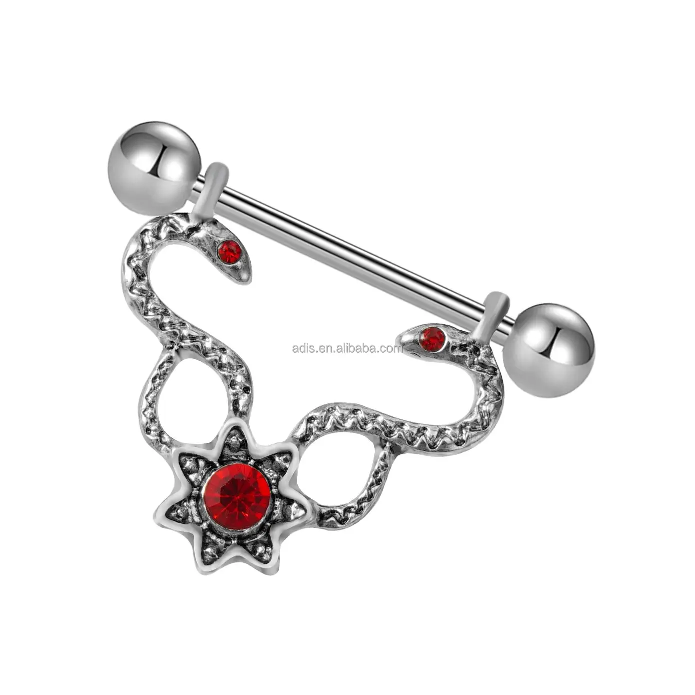 High Polished 14G Sexy Snake Design Nipple Barbell Red Eye Gem Nipple Piercing For Women Men