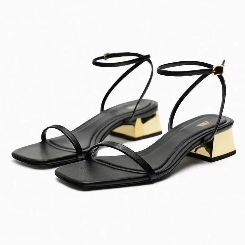 H158-585 ZA Wholesale New square toe women black shoes block low heels open Toe buckle strap pumps