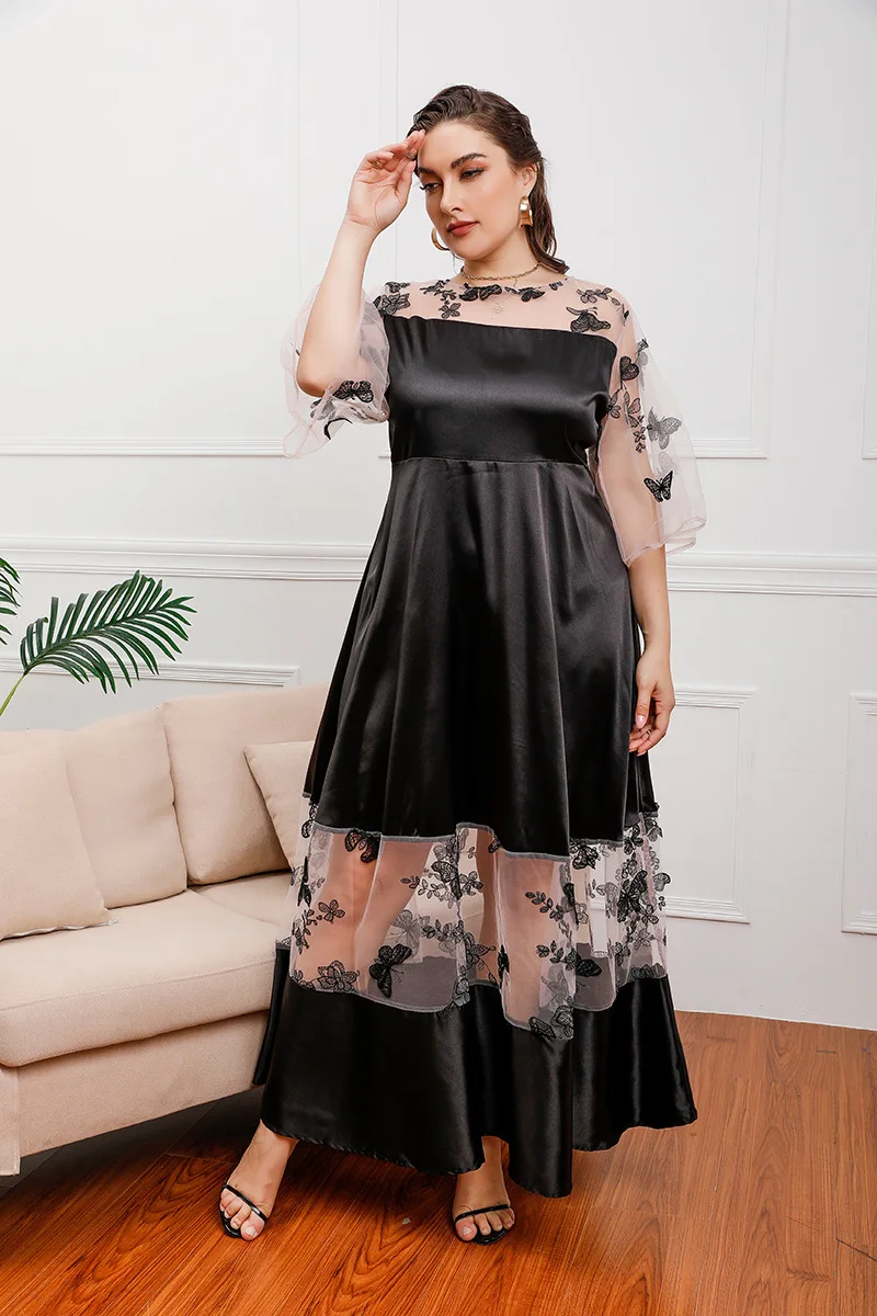 French court style large size mesh lace stitching fat mm can wear a mid-length dress Organza gauze banquet dress