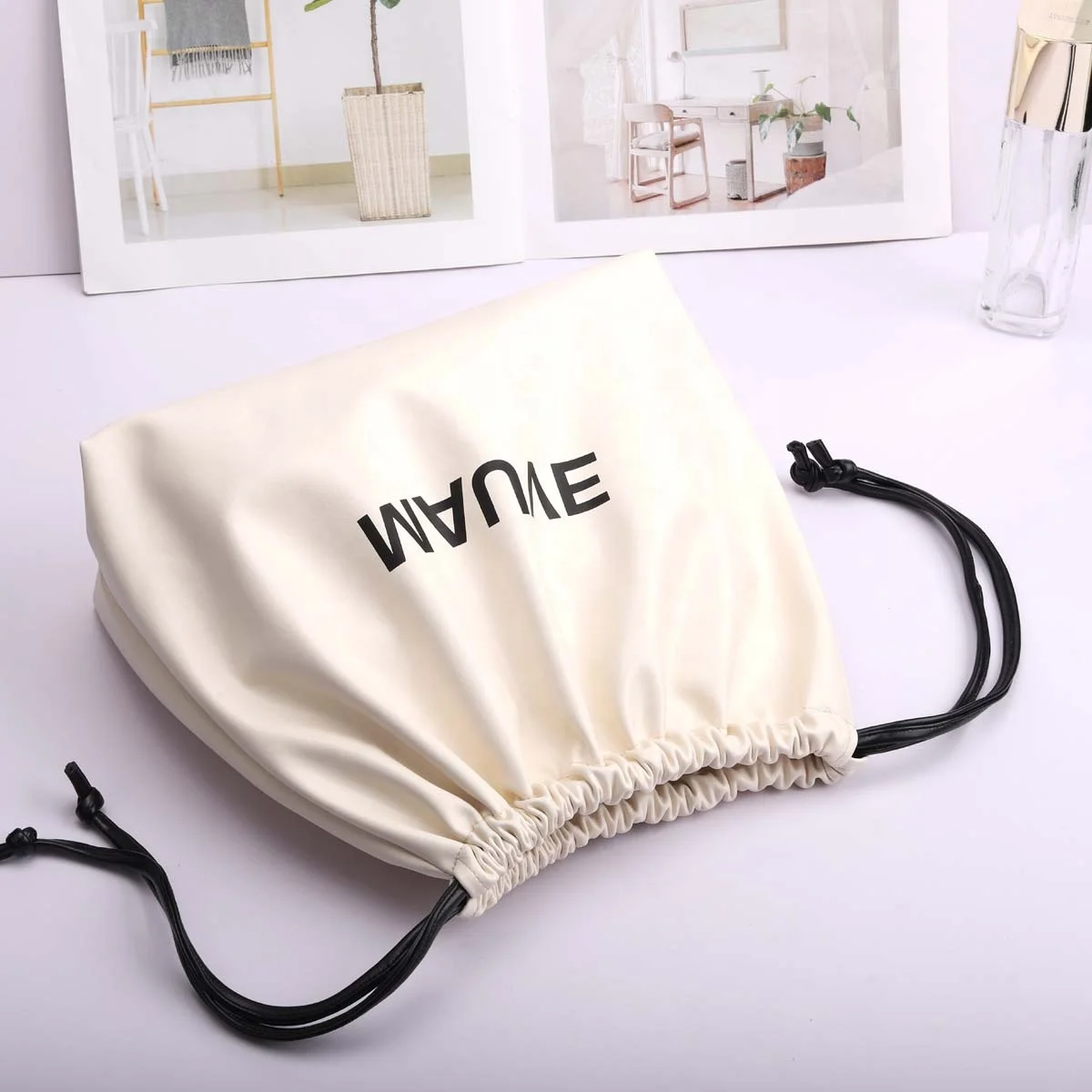 High Quality PU Leather Cosmetic Makeup Brush Drawstring Storage Bag Custom Logo Printed Square Bottom Waterproof Leather Pouch