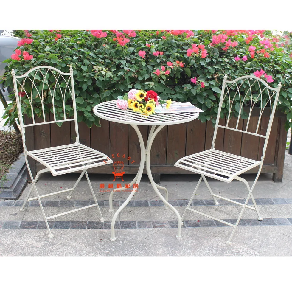 Wrought Iron Antique Cream Study Metal Furniture Patio Garden 3 Piece Iron Chair  and Table Bistro Set