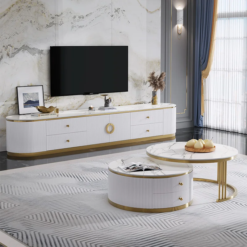 Modern Four Drawers Glossy Gold Stainless Steel Marble Top TV Stand High Quality Slate Tabletop Coffee Table Set