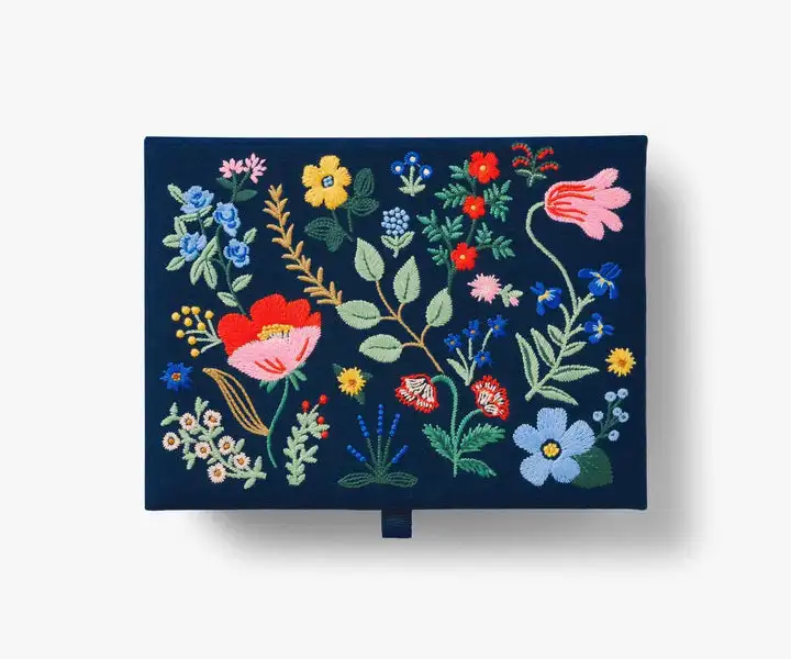 Customized embroidery Blue flower fabric box flip magnetic keepsake bracelet storage packaging embroidered jewelry box with logo