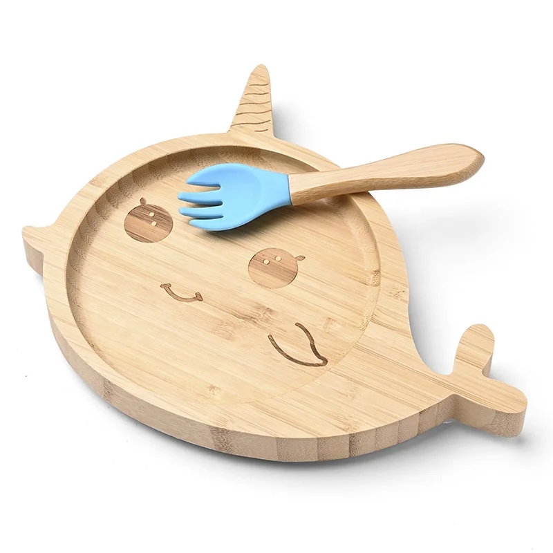 Bamboo Plate with Silicone Suction Baby and Toddler Feeding Plate with Strong Suction Bamboo Narwhal Plate