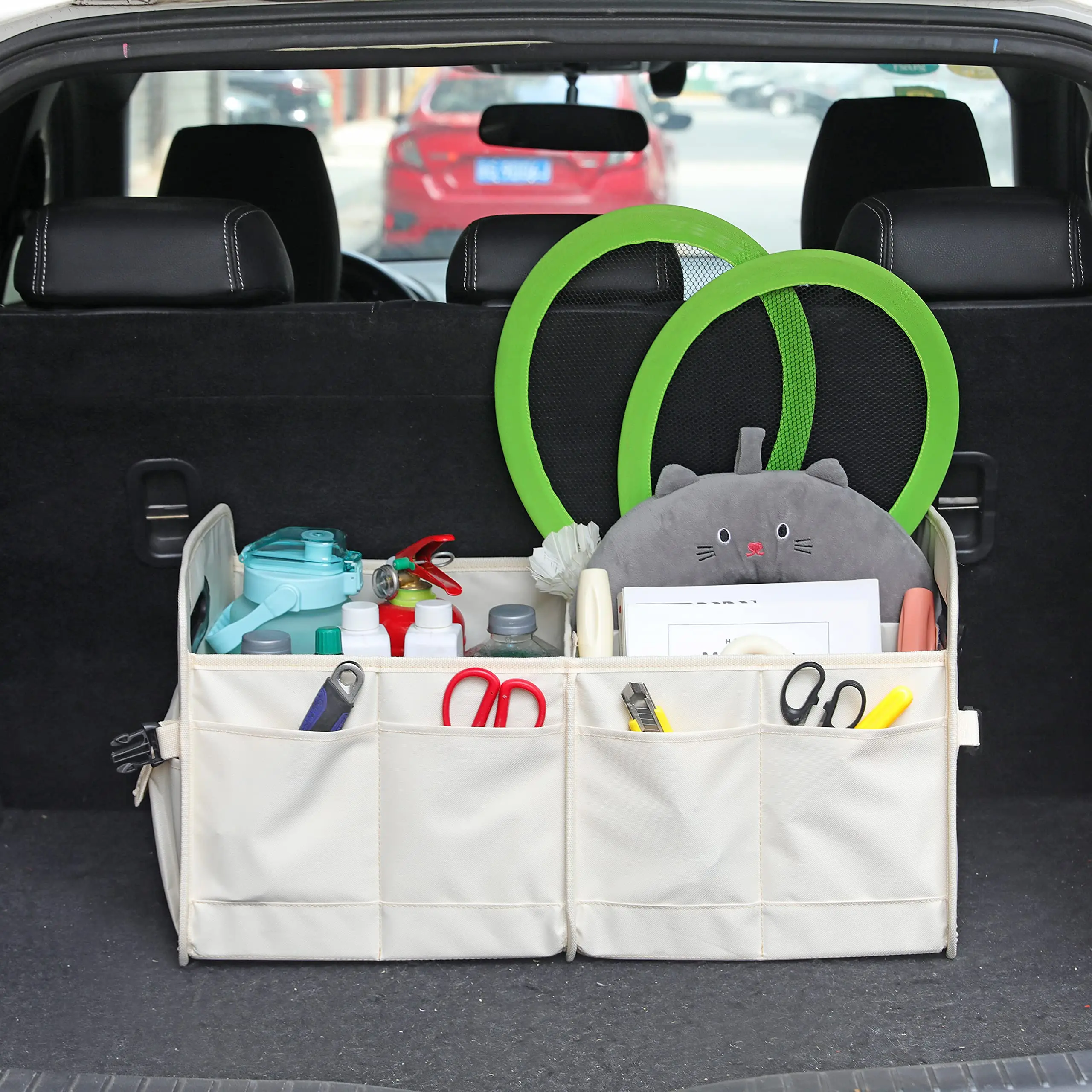 2024 QQgift Wholesale OEM Custom Beige Car Trunk Organizers For SUV Car Storage Collapsible Multi Compartment Adjustable Straps