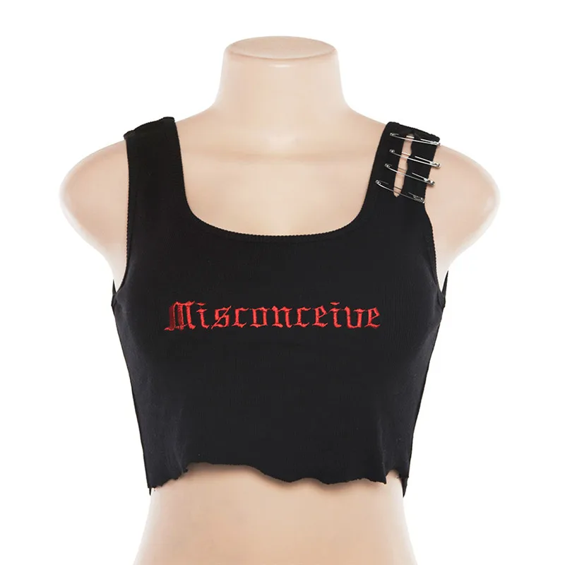 
2020 Dropshipping Pin Embroidery Letter Black Crop Summer Sexy Tops for Women Clubwear Gothic Punk Ripped Tank Tops 