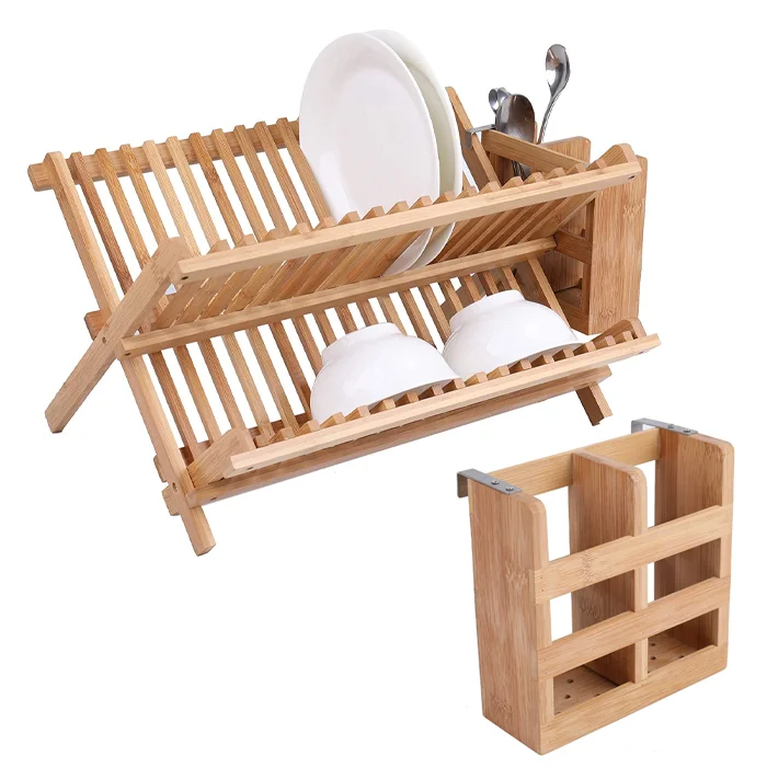 Bamboo Dish Drying Rack Collapsible Dish Drainer Foldable Dish Rack With Utensil Holder For Plates Cups Flatwares