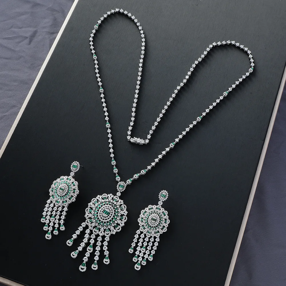 Necklace Long Tassel Pendant Mirco Paved Zirconia Necklace Earring Jewelry Set For Middle East Market