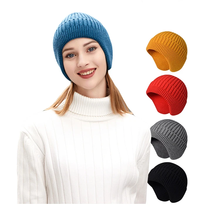Custom Embroidery Logo Knit Winter Hat Best Selling Beanies Cotton Logo Ear Hat
