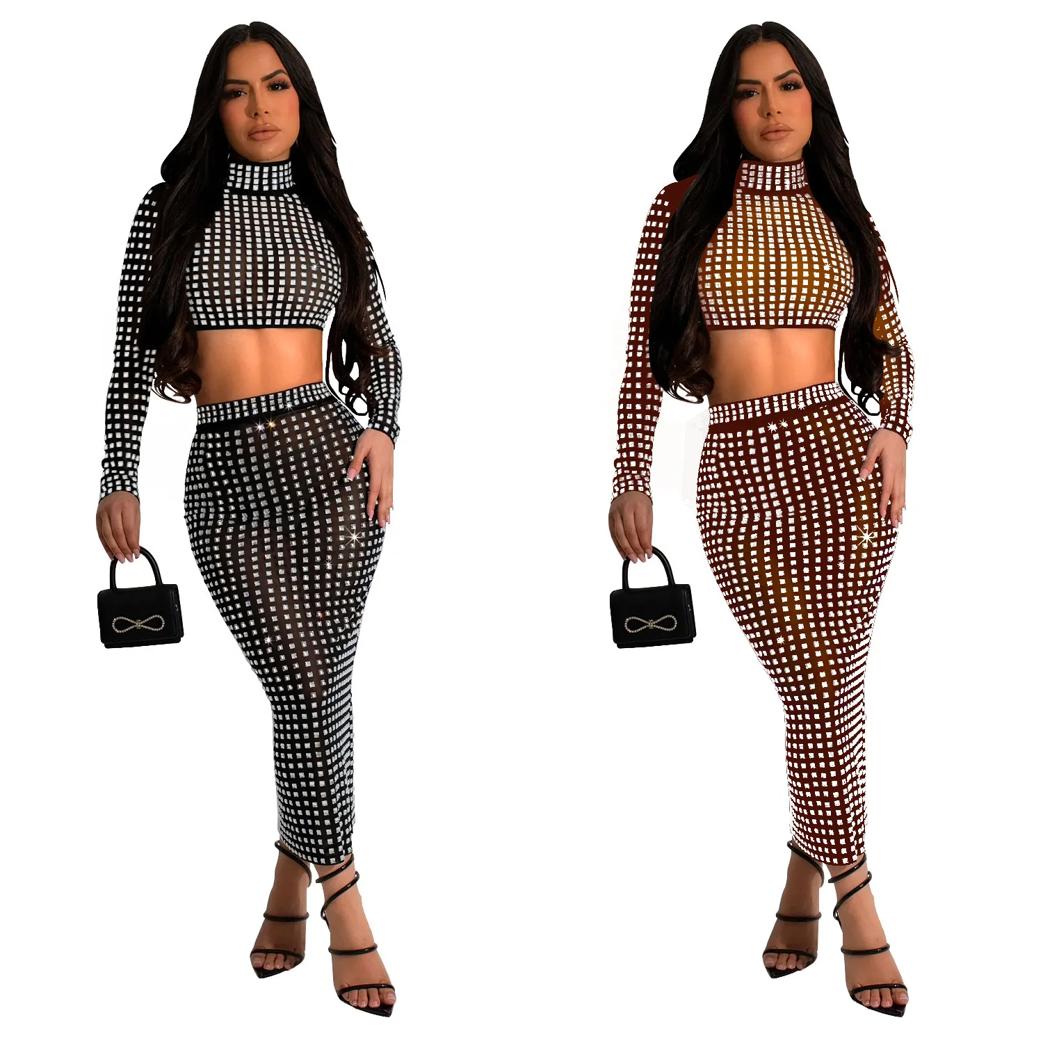 New fashion sexy rhinestone see-through net yarn slim fit 2 pieces sets High neck top long skirt elegant suits women clothing