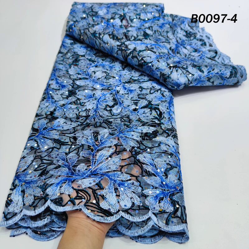 Ready Stock dubai fabric blue color women embroidered dress tulle mesh lace fabrics flower lace wholesales