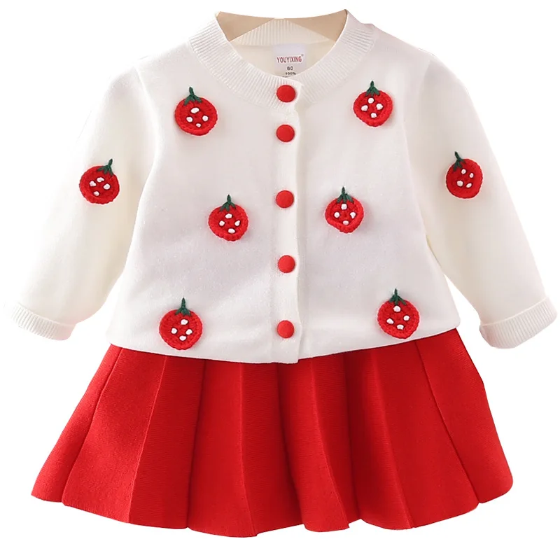 New Strawberry Grape Accessory Knitted Cute Girls Crochet Cardigan Sweater Warm Pleated Skirts 2 Piece Outfits