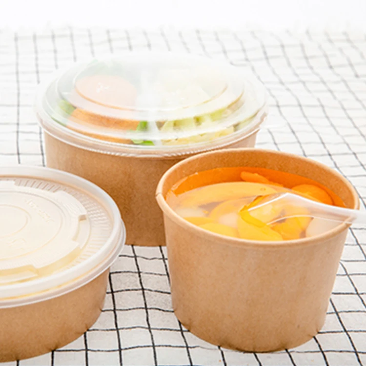 Hot sale Kraft paper Bowl 500ml salad packaging soup pack bowls with PP