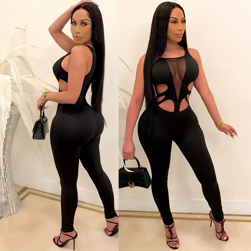 
Trendy Club Bodycon Stretchy Mesh See Through Sleeveless Hollow Cut Out One Piece Black Sexy Plus Size Clothes Woman Jumpsuit 