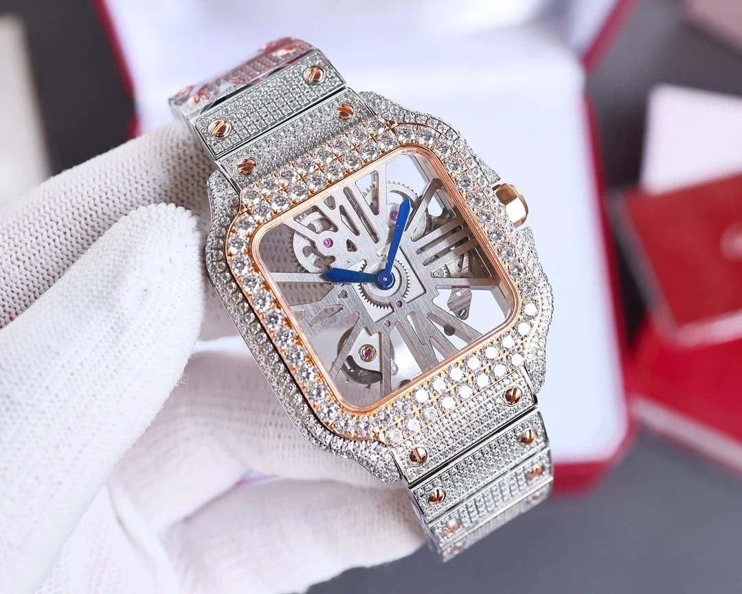 Light Jewelry New Hip Hop Jewelry Iced Out Rhinestones Quartz Watch Stainless Steel Roman Watches 18k Gold Diamond Bezel  Watch