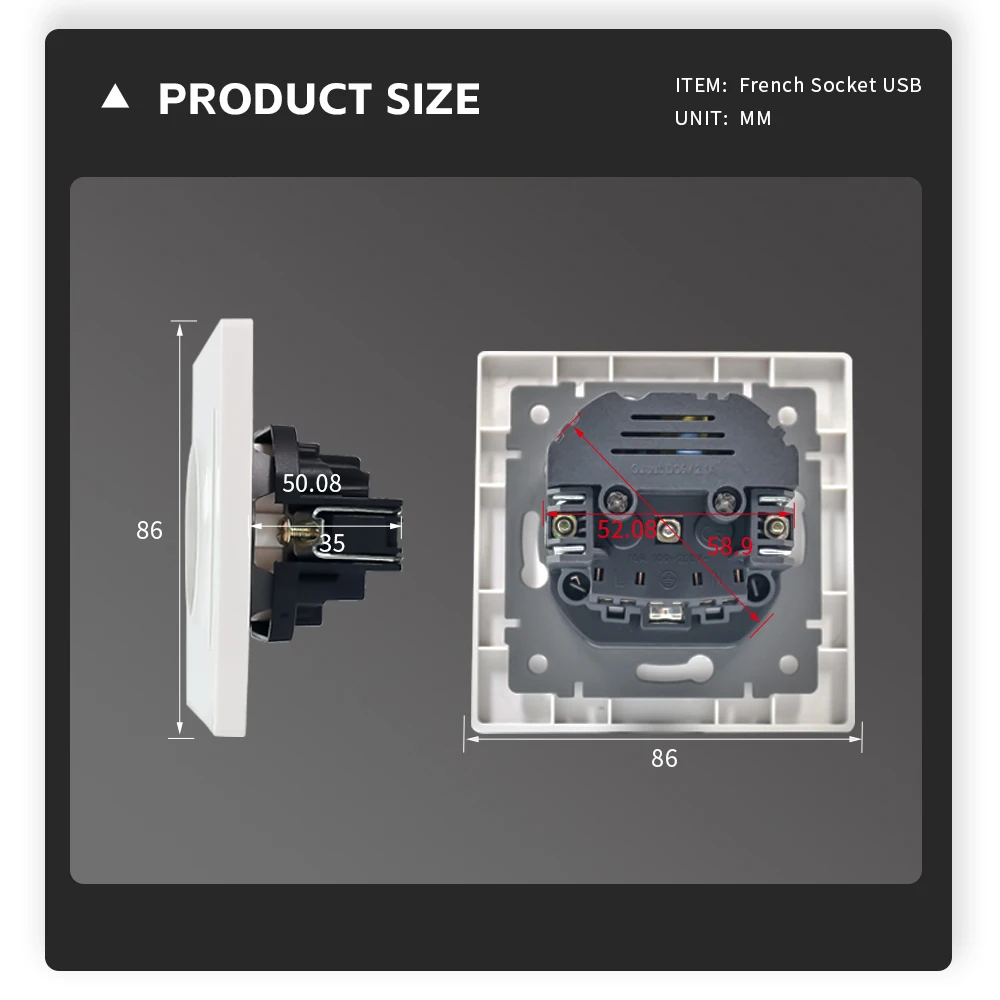 Electrical Wall Mounted PC Plate Single French Socket With Type A+A USB Ports 2100mA EU Standard Switch And Socket