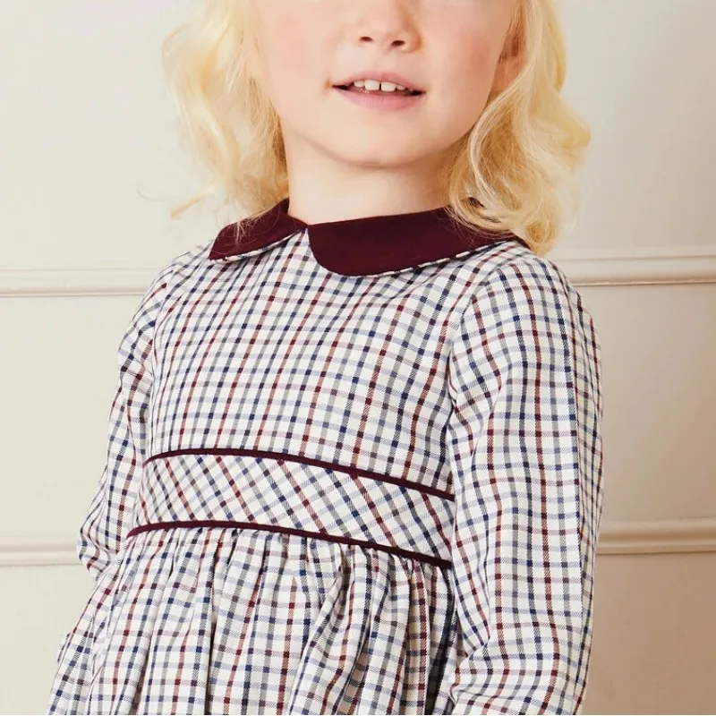 Custom Spanish Vintage Autumn Plaid Peter Pan Collar Children Boutique Long Sleeve Frocks Brands Clothes Kids Baby Girl Dresses