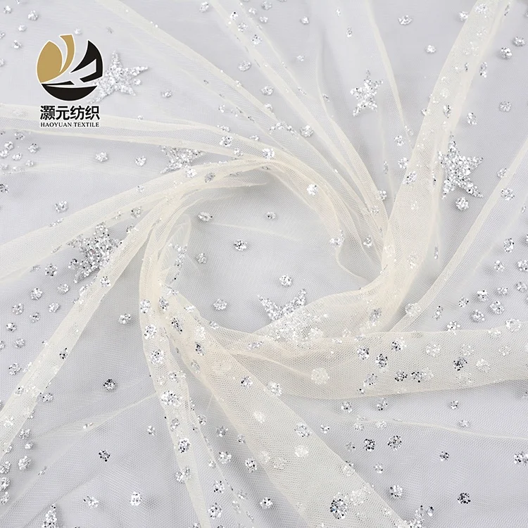 Ready goods wholesale fancy printing 100% polyester galaxy printed white crystal tulle fabric